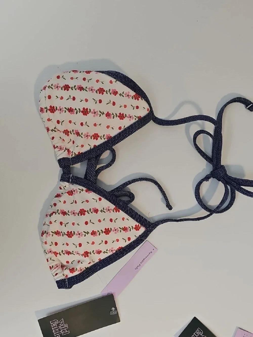 Wild Fable Women's XXS Off-White Floral & Cherry Print Bikini with Navy Trim